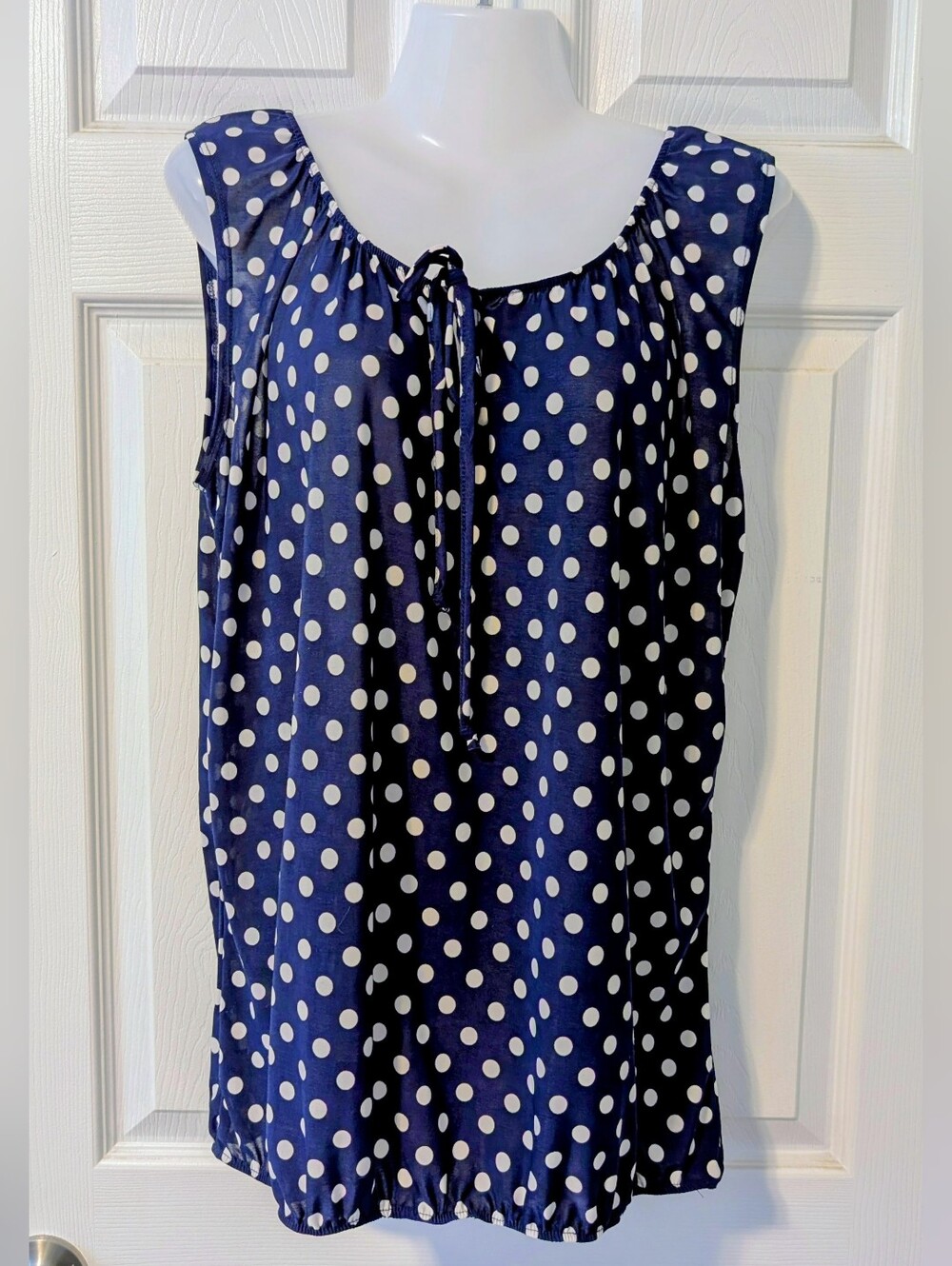 $5 SUMMER SALE! Star Vixen Navy and White Polka Dot Sleeveless Tie-Neck Tank